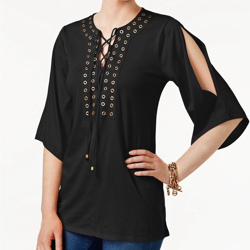 Michael Michael Kors Petite Grommet-Trim Lace-Up Tunic - Black P/XS